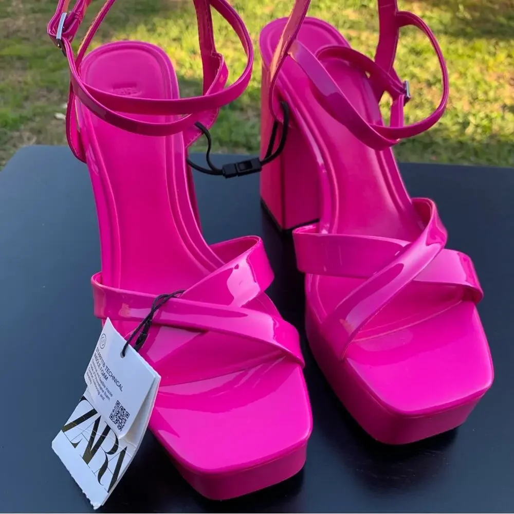 ZARA NEON BARBIE PINK PATENT STRAPPY CHUNKY PLATFORM HEEL SANDALS SIZE 9